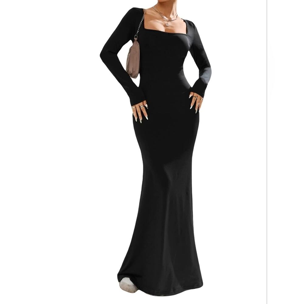 New Black Square Neck Maxi Dress Fishtail Bodycon Sexy Dress Size L‎